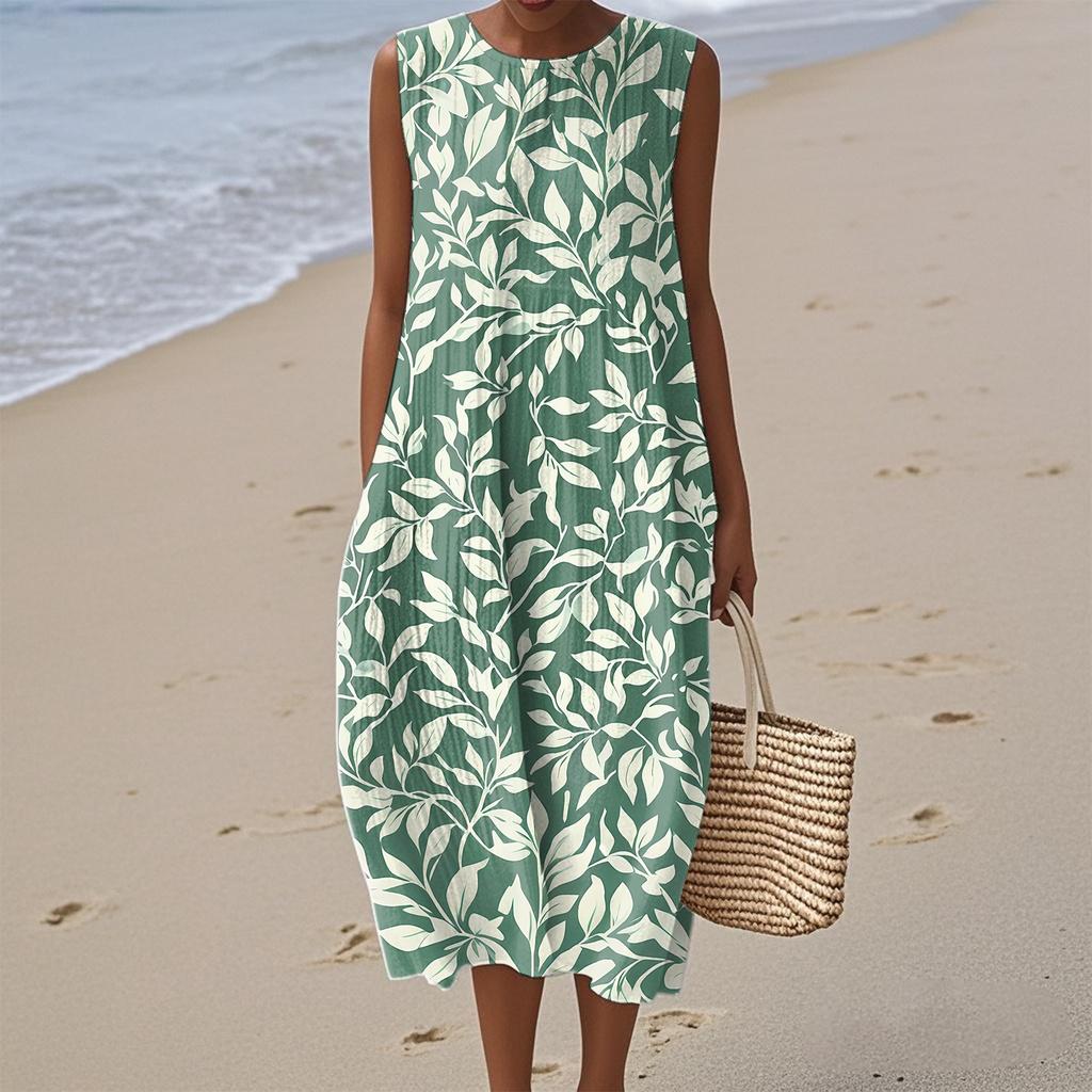 Women's Fashion Casual Sleeveless Round Neck Floral Elegant Temperament Dress