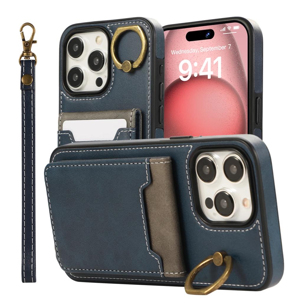 Vertical Cards Solt Ring Holder Leather Wallet Case For iPhone 15 16 Pro Max 14 Plus 13 12 11 XS XR SE2022 Stand Strap Bag Cover