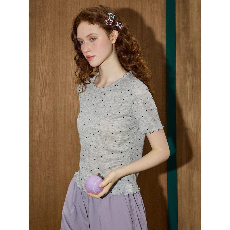 Coolhut Simple Slim-Fit Lightweight Polka Dot Round Neck Short-Sleeve Ruffled Edge New Summer Women's T-Shirt Casual