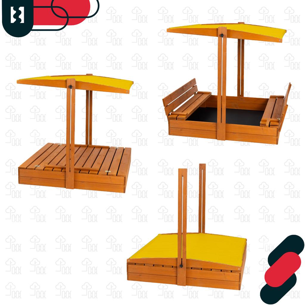 KOTARBAU® Large Wooden Sandbox with Yellow Roof, Impregnated, Closed, with Benches, Brown, 100 X 100 CM
