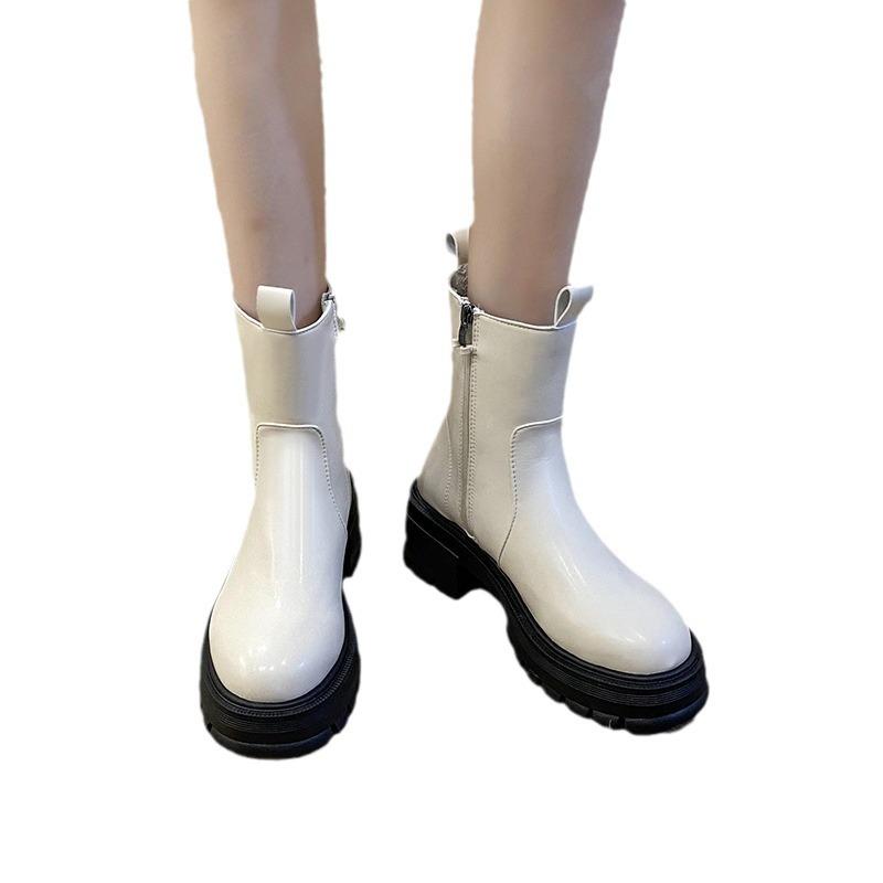 Women's Mid Calf Chelsea Boots Round Toe Lug Sole Platform Booties Shoes with Pearl Chain for Women Low Chunky Block Heel Ankle Boots With Side Zipper
