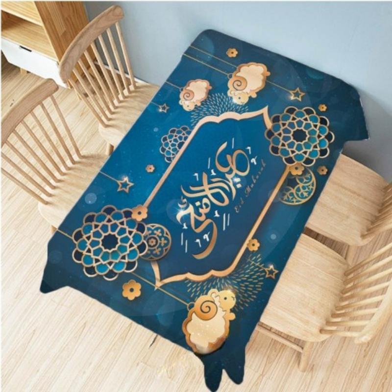 Eid Mubarak Waterproof Tablecloth Islamic Art Flower Decoration for Ramadan Restaurant Rectangular Tapestry