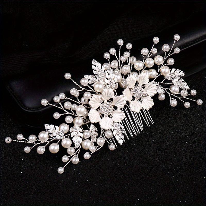 Handmade Silver Crystal Flower Hair Comb Pearl Rhinestone Flower Hair Combs for Women Bride Hair Jewelry Wedding Hair Accessorie
