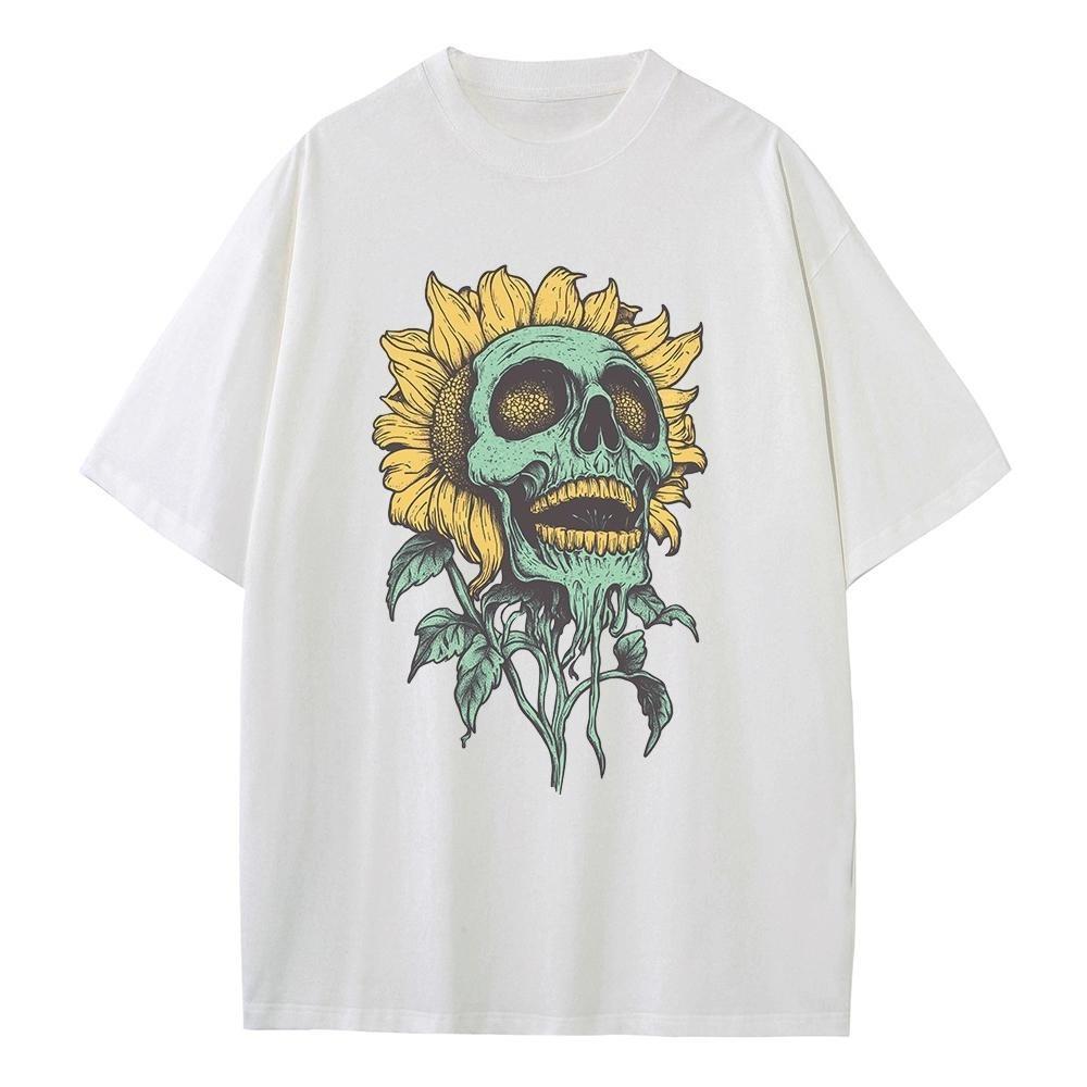 Baumwolle Oversized T-Shirt Grafik-Tees Sonnenblume Schädel Streetwear Schwerer Komfort Überschnittene Schultern Vintage T-Shirts Herren Tops
