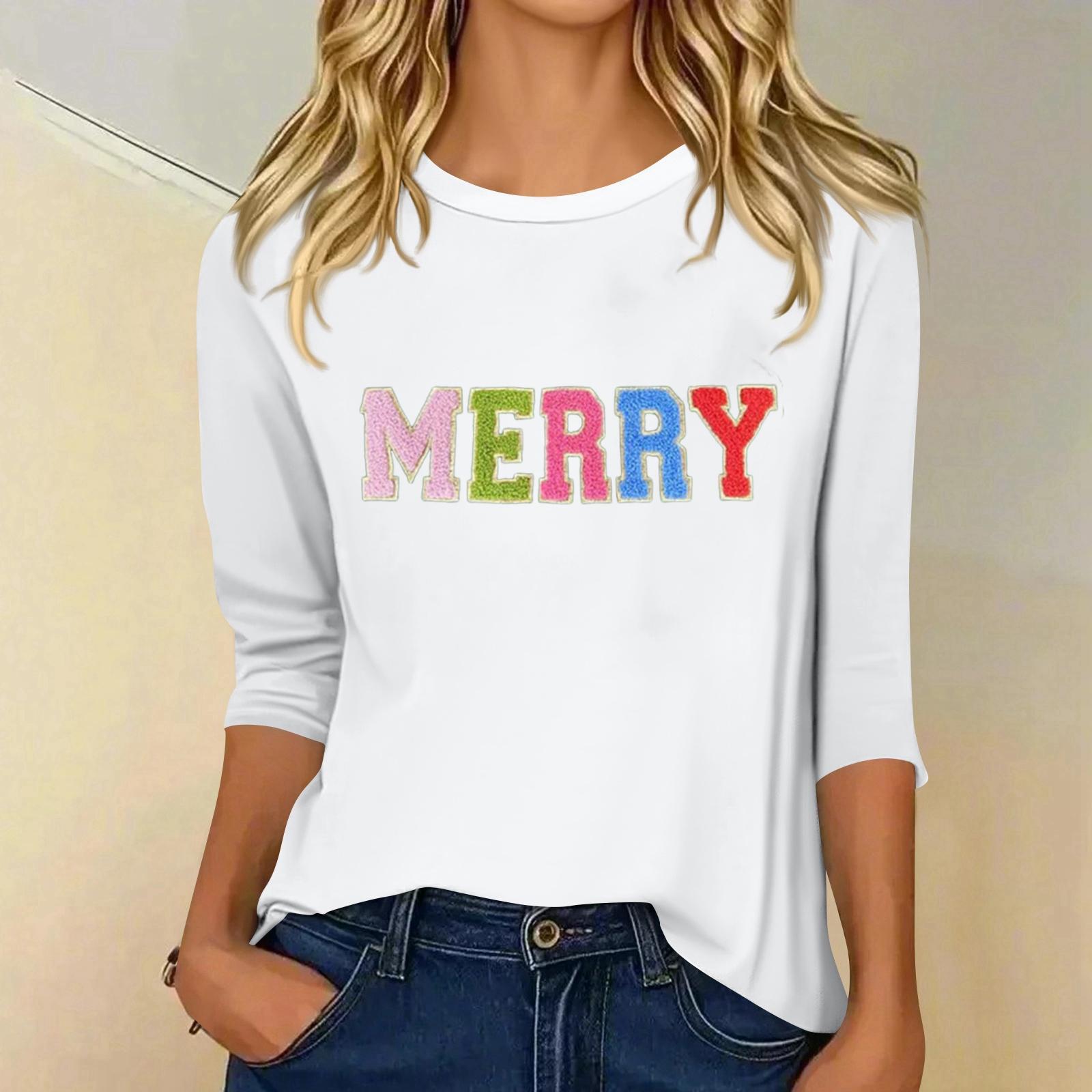 

Женский модный повседневный топ с рукавом три четверти и рождественским принтом, с круглым вырезом L белый