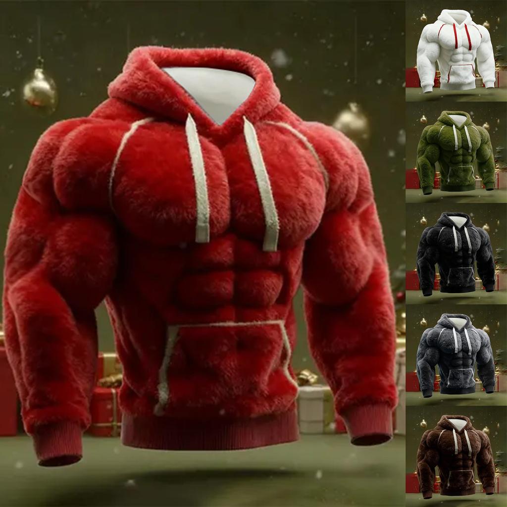 Men's Christmas Muscle Ugly Print Long-Sleeve Casual Sports Hooded Sweatshirt