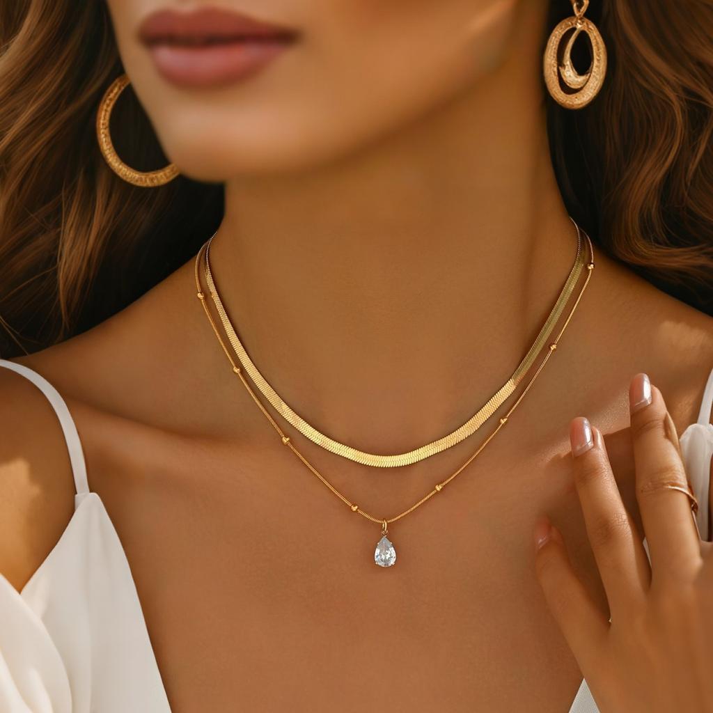 Classic Gold Color Double Layered Long Tassel Chain Necklaces for Women Simple Metal Geometric Bead Choker Necklace Fashion Jewelry