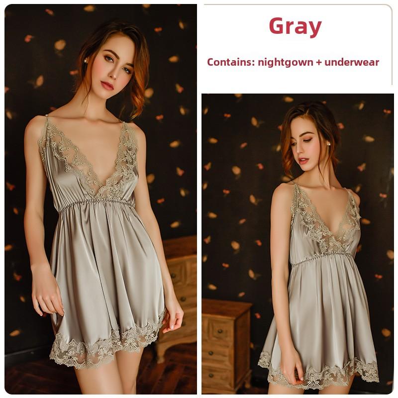 Sexy Camicia da Notte con Scollo a V Profondo e Maniche Lunghe, Allacciatura, Raso, Pizzo, Set Pigiama/Loungewear con Gonnellino Sospensorio in Pizzo