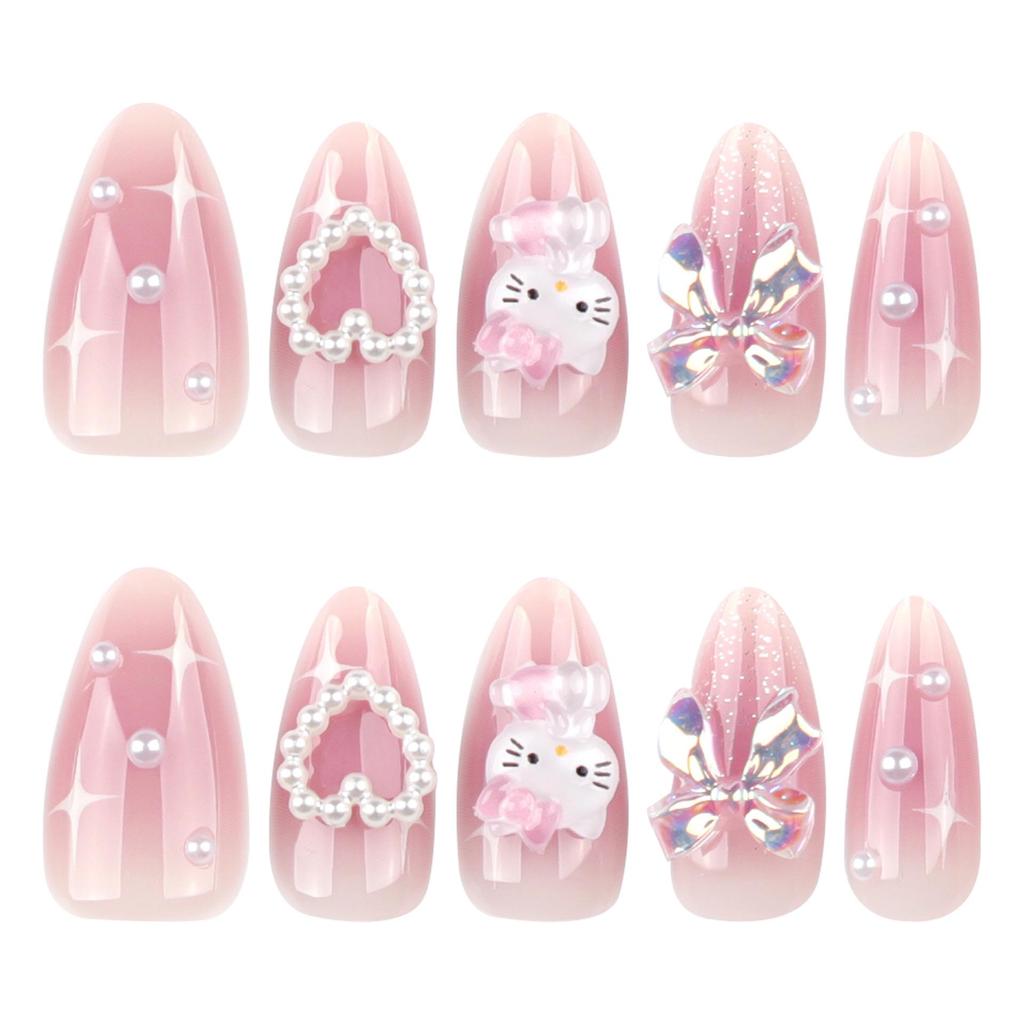 Japanese Style Sweet Wearable Nail Art - Blush Bow Heart Design False Nails