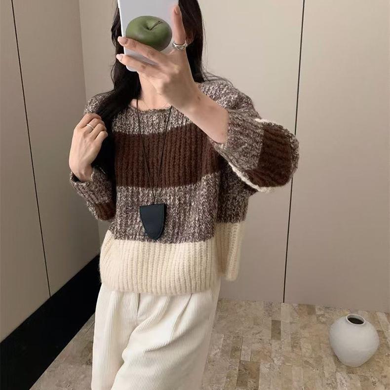 

Мягкий восковой ленивый ветер полосатый дизайн свитер женский осенне-зимний ретро свободный с круглым вырезом пуловер топ One Size F