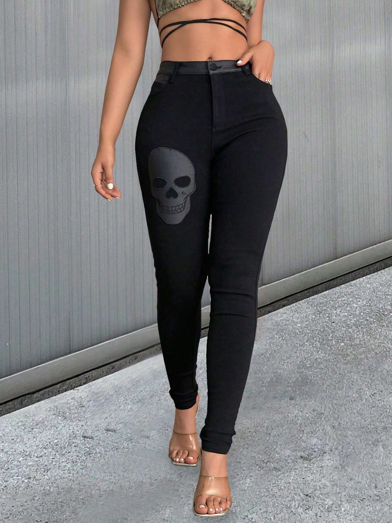 

Rose Beauty A женские леггинсы с высокой талией в стиле панк-готика с рисунком черепа, однотонные черные леггинсы из искусственной кожи с накладными карманами на талии, эластичные узкие брюки, сексуальные повседневные брюки XL чёрный