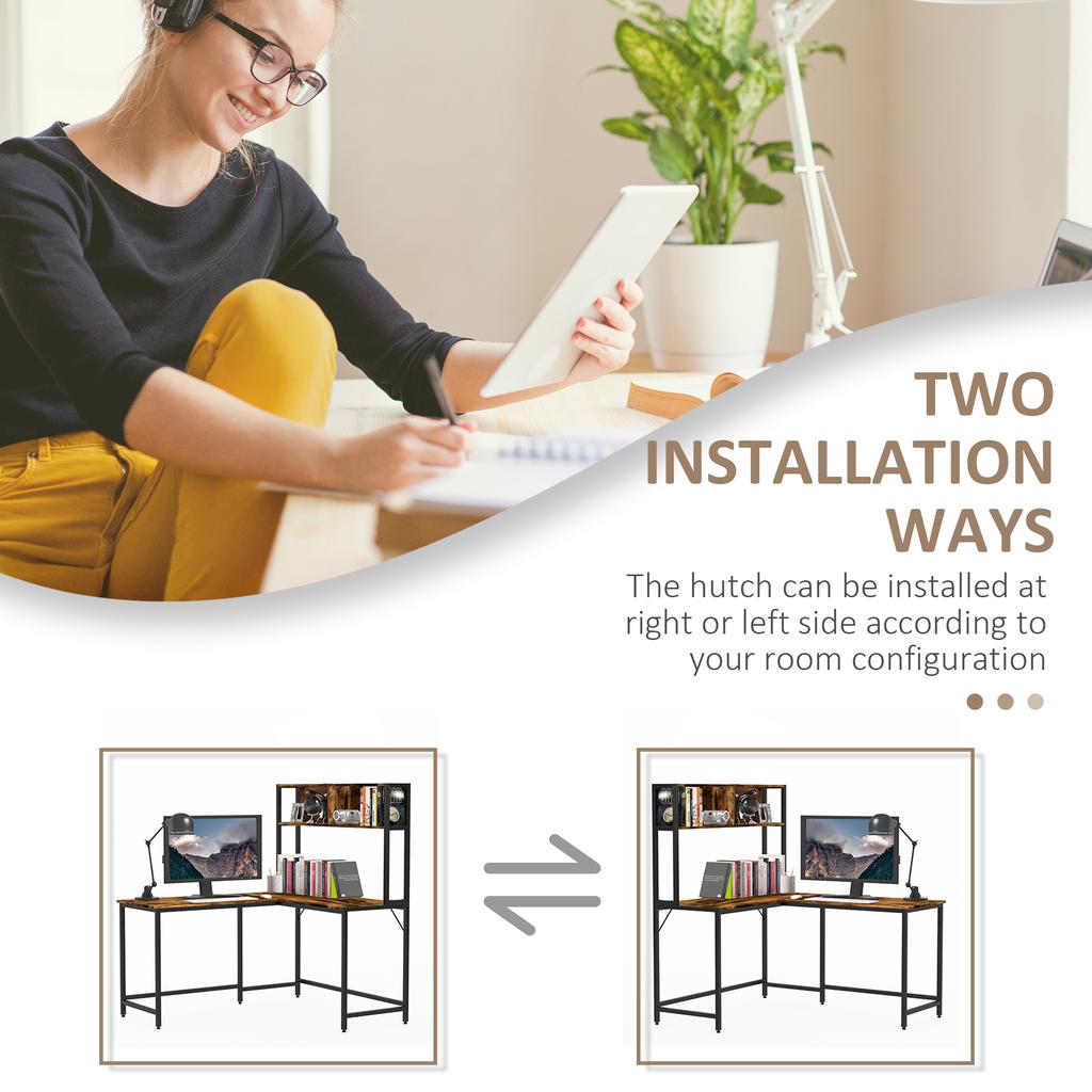 L Shaped Desk with Book Shelf, Industrial Corner Computer Desk, Writing Table with Steel Frame for Home Office, Bedroom, Study Room, 140 x 125cm