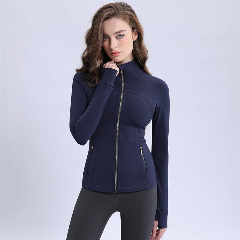 Nová edice Dámská nylon-spandexová jógová bunda se stojáčkem - Oboustranně broušený sportovní top na zip