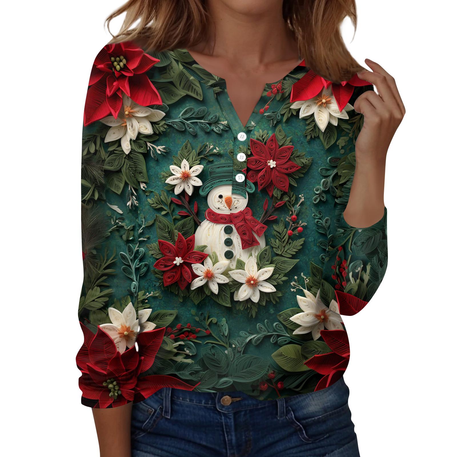 

Женская мода Повседневная футболка с V-образным вырезом, длинными рукавами и декоративными пуговицами XXL