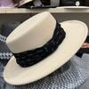 Autumn and Winter New Flat-top Woolen Rhinestone Top Hat Women's Chain Satin Decorative Felt Hat French Retro Flat-brimmed Hat