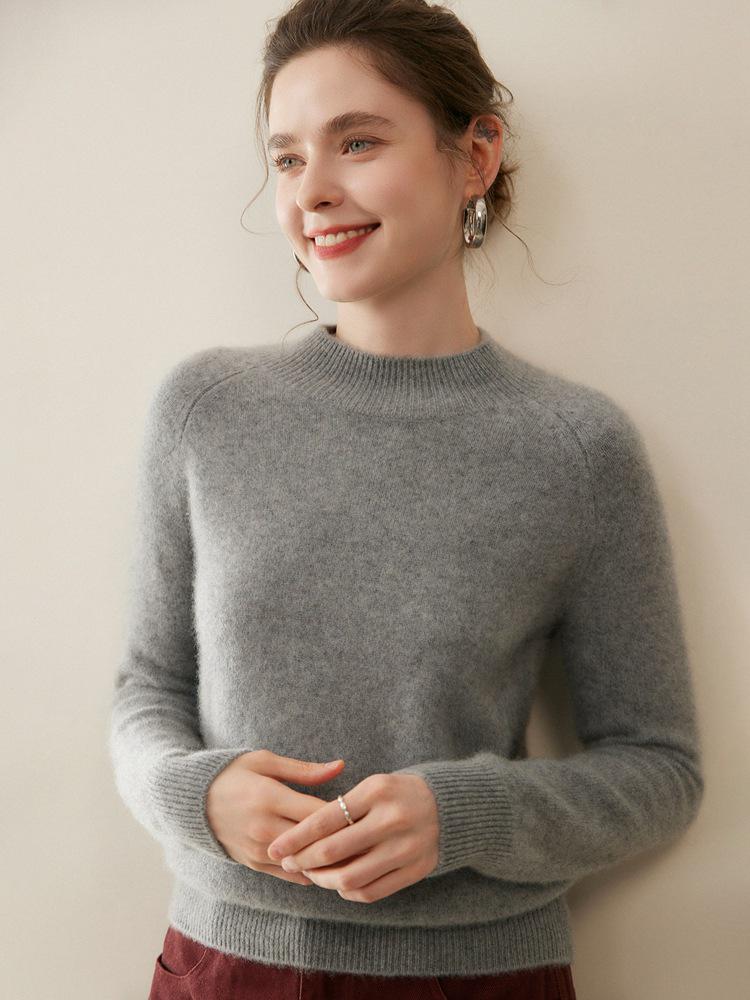 Women's 100% Pure Cashmere Sweater - Autumn/Winter Thick Half-High Collar Knit Base Layer, Loose Slimming Short Style