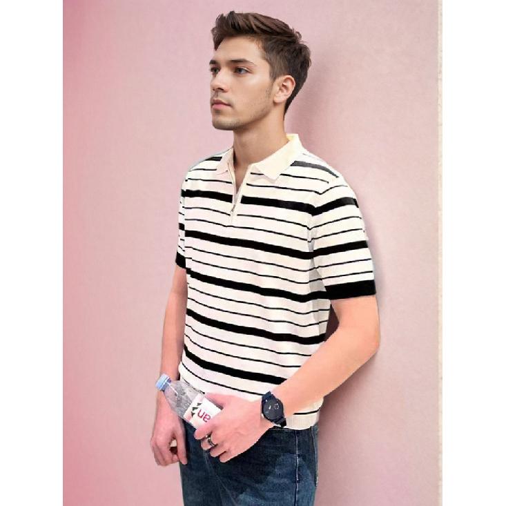 2025 Summer INS Trend Hong Kong Style Wide Stripe Polo Shirt Men's Short Sleeve T-Shirt Casual Versatile Turn-Down Collar Top
