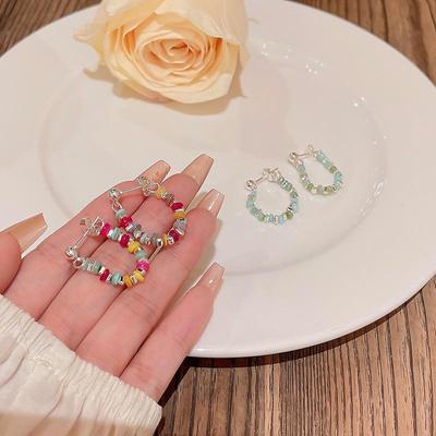 Korean Geometric Earrings: S925 Silver Needle, Colorful Beaded Design, Light Luxury, Versatile, Elegant.