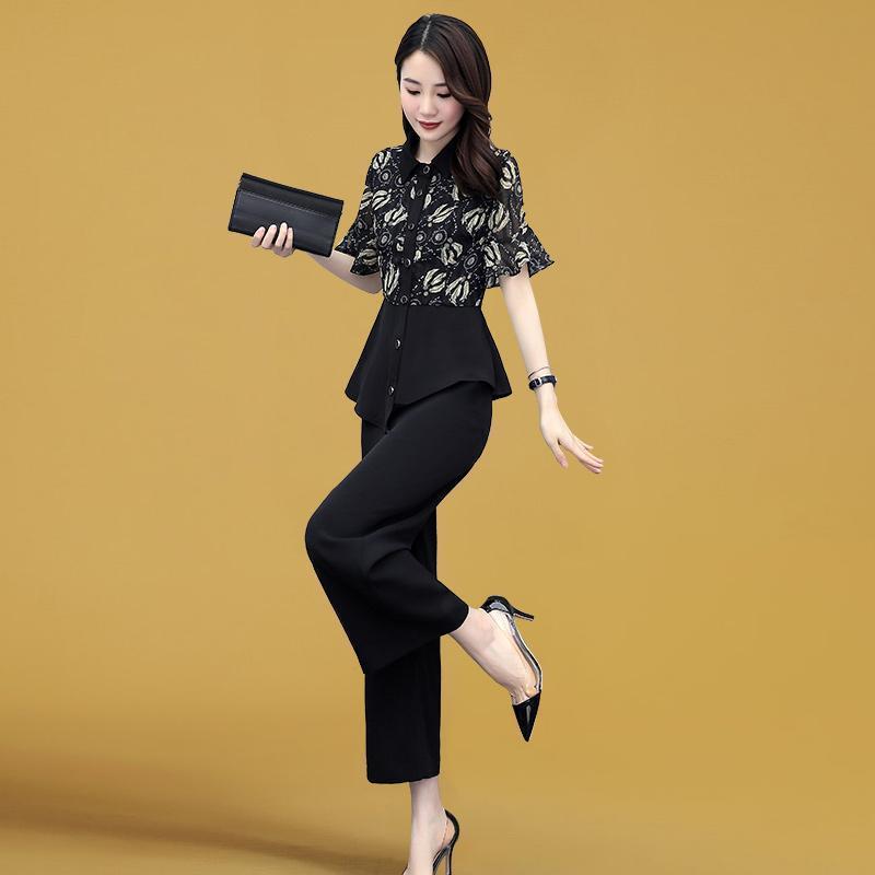 Anzug Damen Temperament ist dünn Damen Stehkragen Hemd Weite Beinhose Zweiteiliger Chiffonanzug Elegantes Temperament Arbeit tragbar