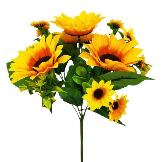Artificial Sunflower with Green Leaves 7 Fork 13 Head Realistic Fake Silk Flower Home Office Party Indoor Outdoor Faux Bloom Decoration