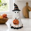 Halloween Table Centerpiece Ghost Figurine, Cute Wearing Hat And Holding Holiday Vibes Decor Pumpkin Statue, Resin Ornament for Shelf Tabletop