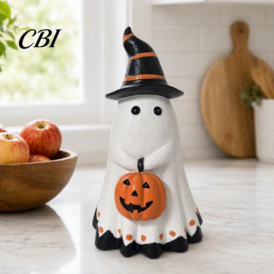 Halloween Table Centerpiece Ghost Figurine, Cute Wearing Hat And Holding Holiday Vibes Decor Pumpkin Statue, Resin Ornament for Shelf Tabletop