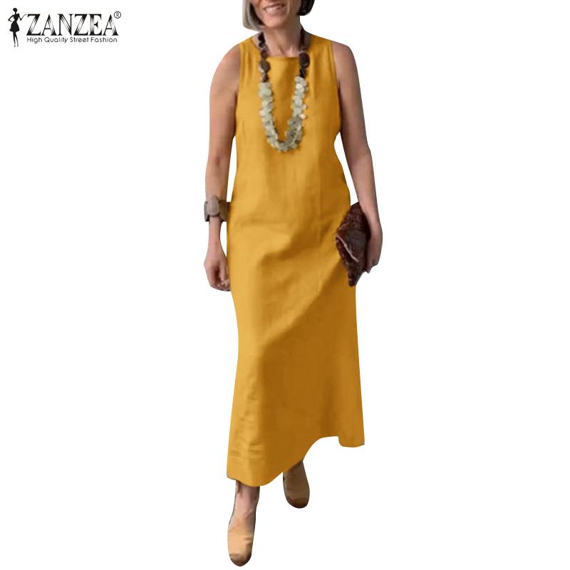 

ZANZEA Женское повседневное летнее длинное платье без рукавов с круглым вырезом S жёлтый