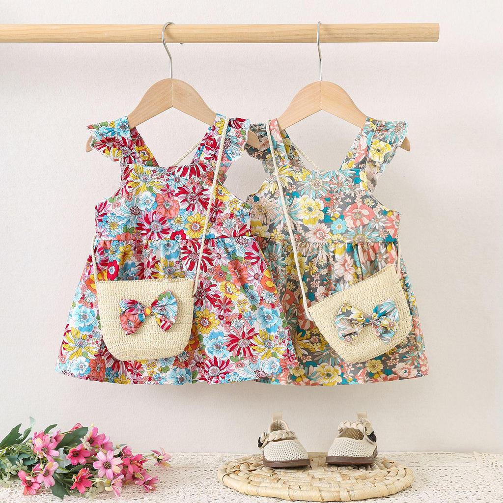 Summer Baby Girl Flutter Sleeve Dress with Bag - Princess Toddler Outfit, All-Over Print.