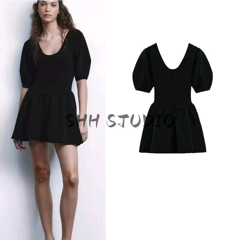 Spring New Women's Clothing French Socialite Style round Neck Puff Sleeves Waist Trimming Short Dress 5584316