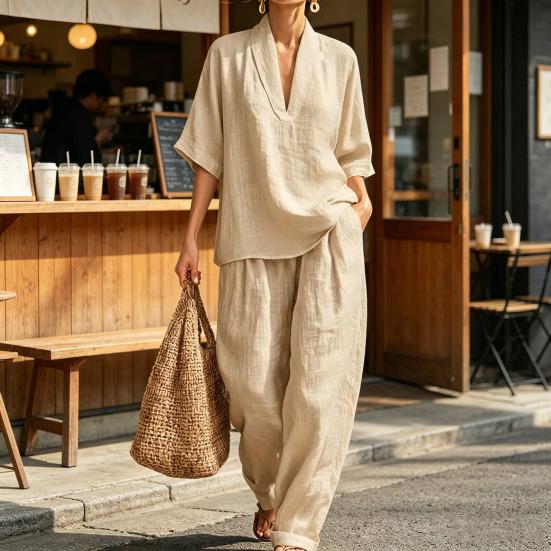 Completi Estivi da Relax a 2 Pezzi per Donna con Scollo a V, Manica Corta e Pantaloni a Gamba Larga, Set Casual per Viaggi e Vacanze