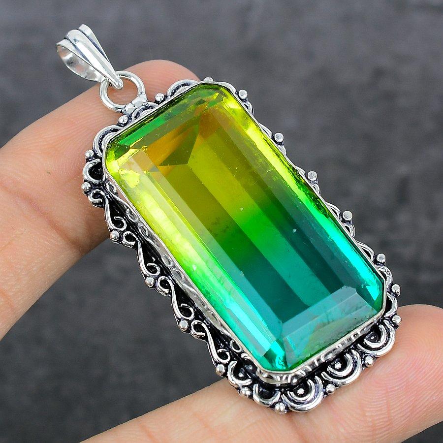 Bi-Color Tourmaline Gemstone 925 Sterling Silver Jewelry Pendant 2.56"