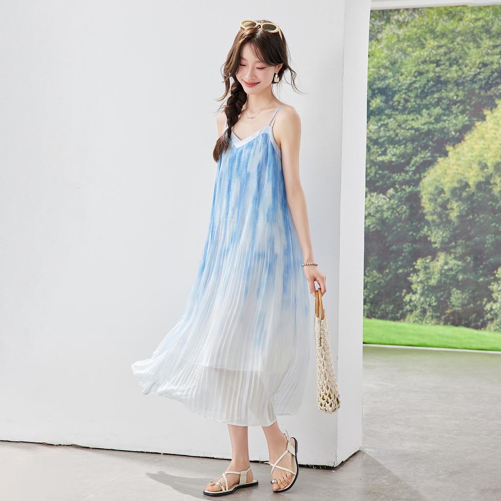 V-neck suspender dress women's summer new chiffon blue gradual change holiday wind seaside beach skirt polyester
