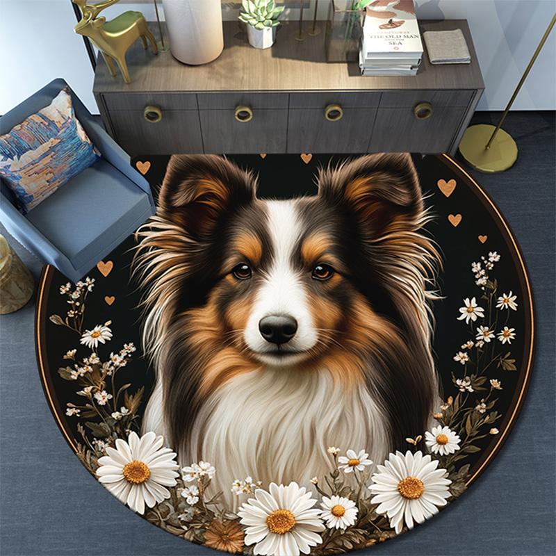 Collie Dog Round Area Rug,Carpet Rug for Living Room Bedroom Sofa Playroom Decor,Non-slip Floor Mat
