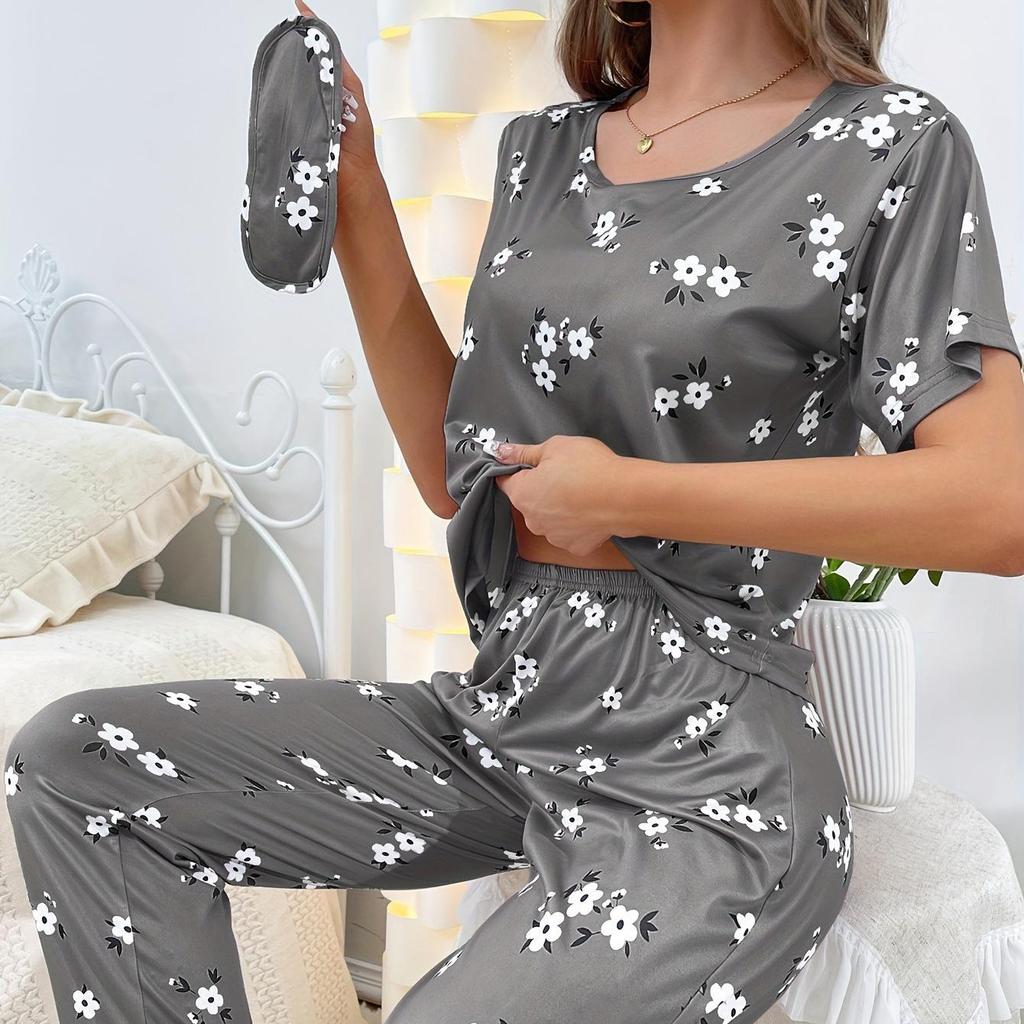 Women's Loungewear O-Neck Short Sleeve Long Pants Printed with  Pajama Set