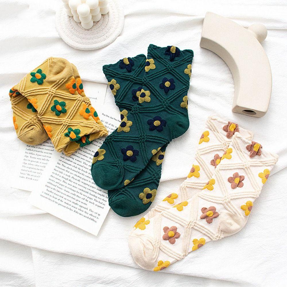 5Pairs Breathable Women Cotton Socks Embroidery Autumn Flower Socks  Autumn Winter