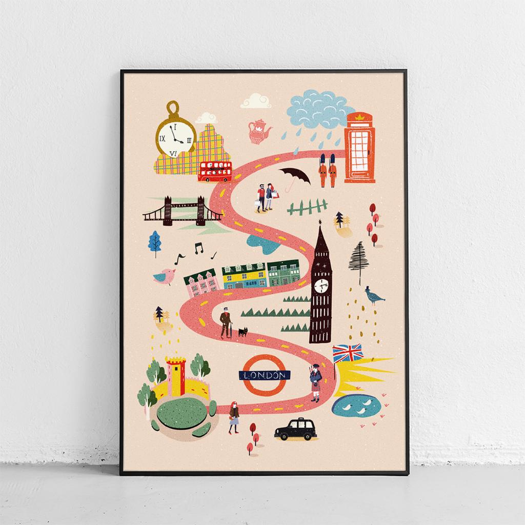 Plakat mapa mapy Londyn ilustracja w czarnej ramie