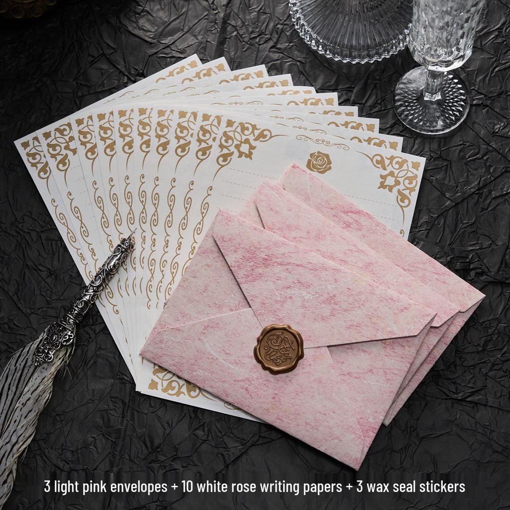 Gilded Envelope & Letter Paper Set - Embossed Texture, Straits Style, Handwritten Love Letters with Wax Seal for Valentine's Day
