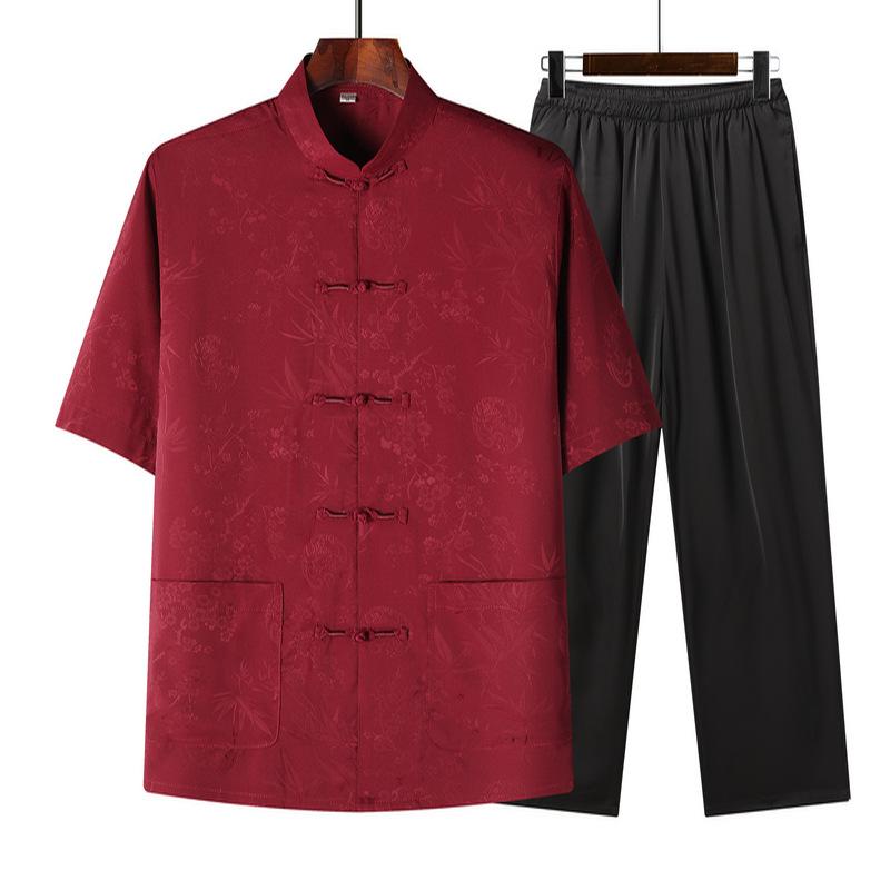 Chinese Style Shirt Short-sleeved Suit Men's High-end Thin Middle-aged and Elderly Casual Dad Clothes Two-piece Set