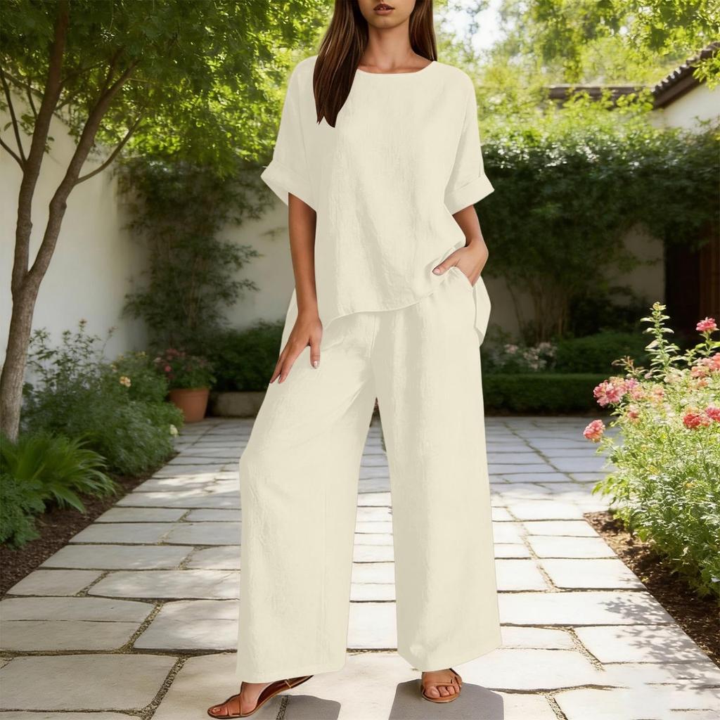 Women's Color Two Piece Set with Three-Quarter Sleeve Top and Long Pants Cotton Linen Casual Outfit
