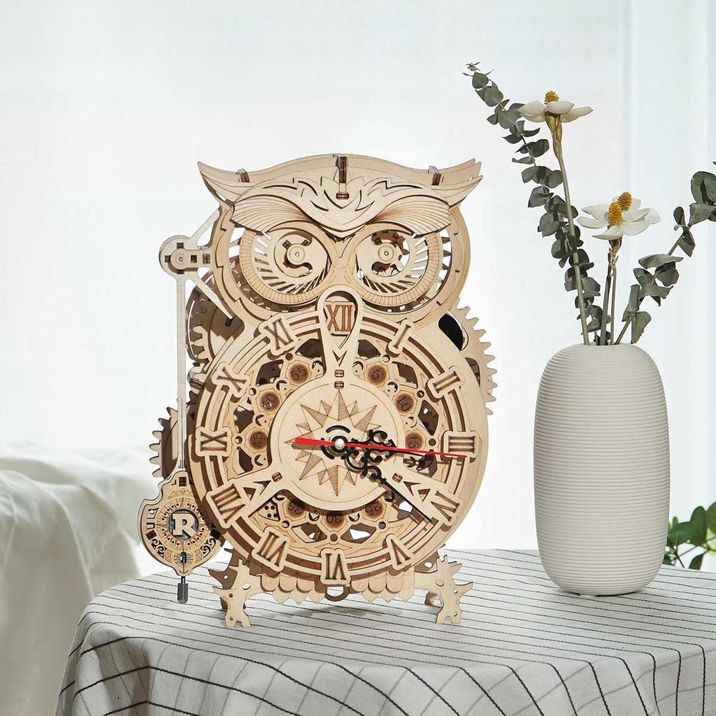 ROBOTIME ROKR Owl Clock Mechanical Gears 3D Wooden Puzzle LK503