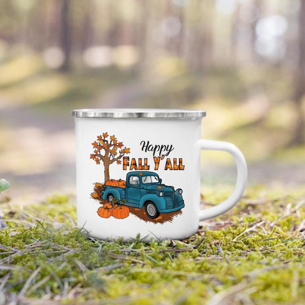 Hello Pumpkin Print Enamel Mugs Coffee Cups Fall Thanksgiving Party Juice Mug Handle Cup Autumn Holiday Gifts for Family Friends