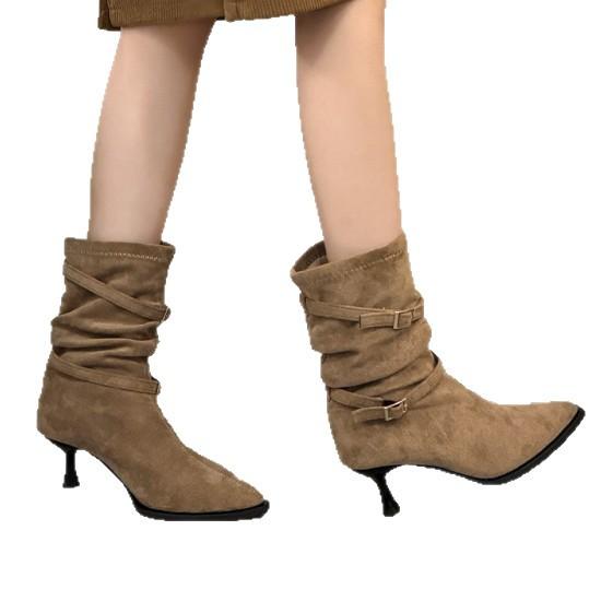 Pointed High-heeled Short Boots Women's 2025 New Autumn Retro Pleated Piled Boots Thin Heels Western Thin Boots