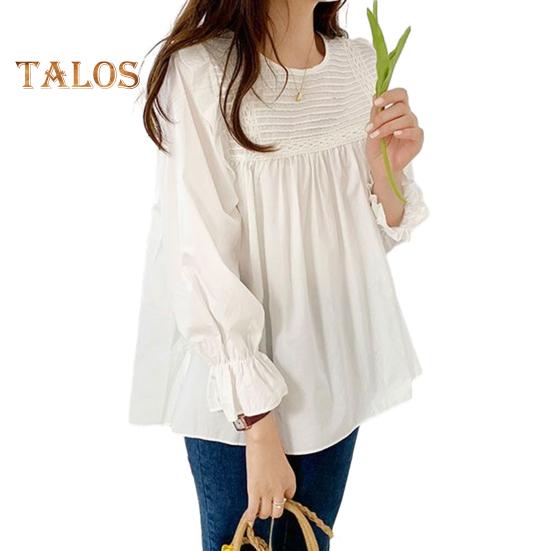 Women Shirt Round Neck Lantern Long Sleeve Pullover Tops Solid Color Loose Fit Ruffle Trim Pleated Blouse Daily Wear