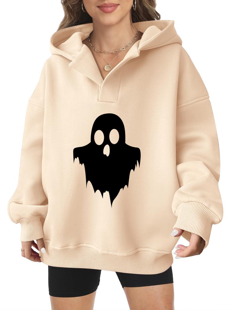 2025 new European and American Halloween women's hooded sweater front and rear pattern winter fleece loose casual