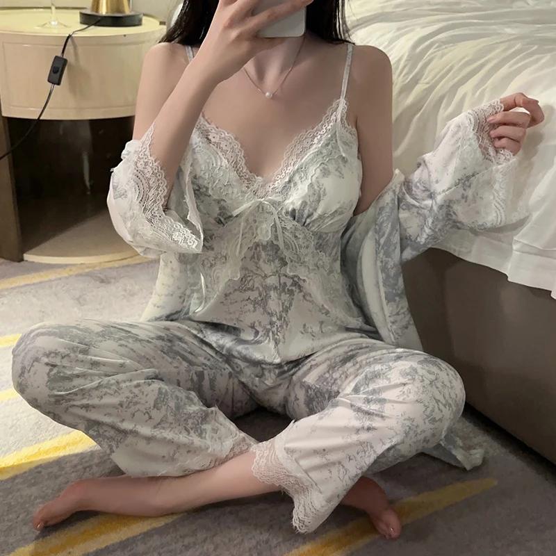 Lounge Wear Women's Lounge Wear Autumn Deep V Top with Padded Printed Satin Lace Trousers For Women Jacket Pajamas