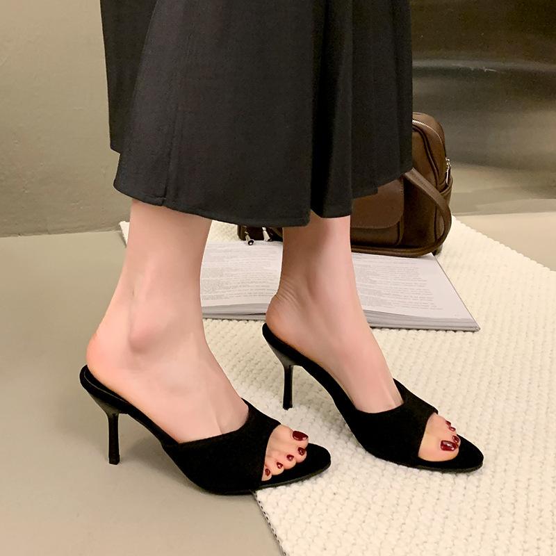 White~~ Spring and Summer New Niche Temperament Thin Heel Suede One-word Sandals Spice Girl Temperament Pointed High Heels