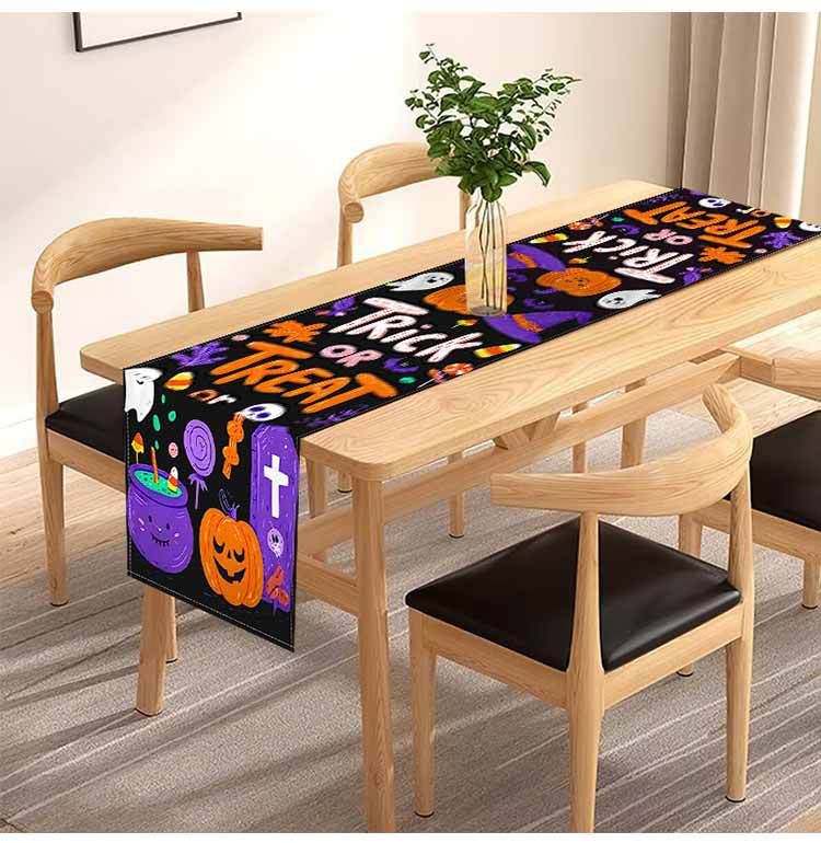 1pc Purple Halloween Table Runner Halloween Themed Tablecloth Trick or Treat Dustproof Durable Tablecloth for Dining Room Decor