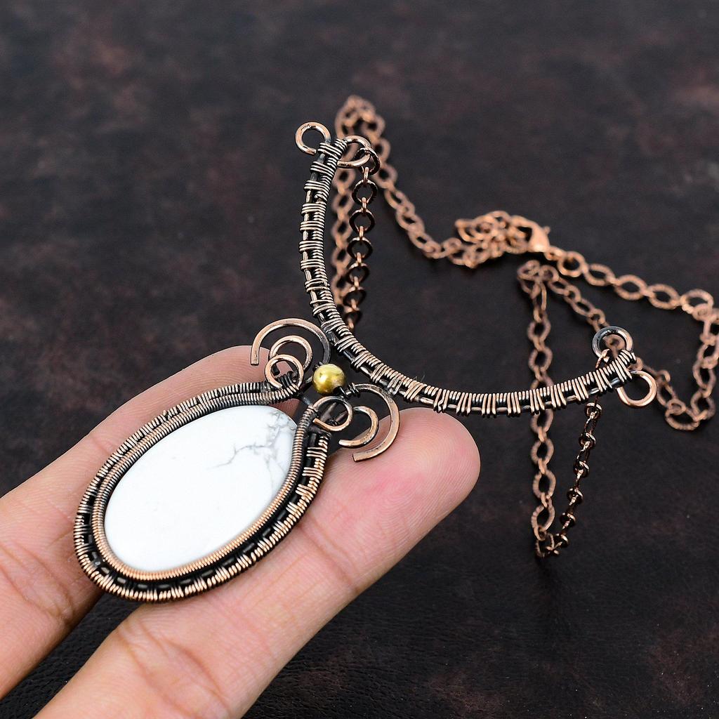 Howlite Necklace Copper Wire Wrapped Necklace Handmade Gemstone Jewelry Adjustable Necklace Copper Wire Wrapped Jewelry Gift For Anniversary