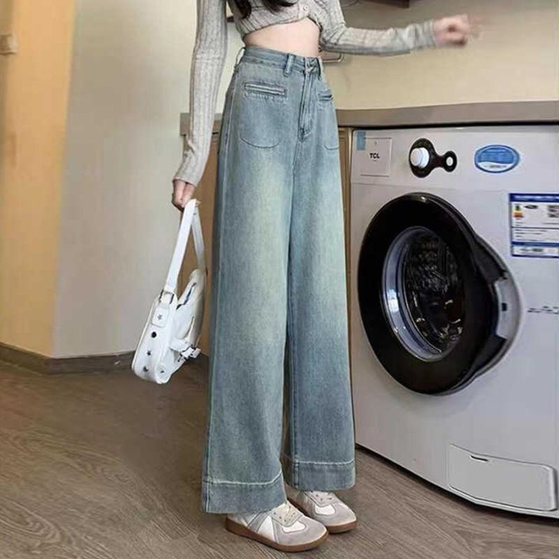 Plus Size Dark Denim Jeans Women Summer High Waist Loose Straight Wide Leg Pants Petite Figure Slim Long Trousers Non Stretch Jeans