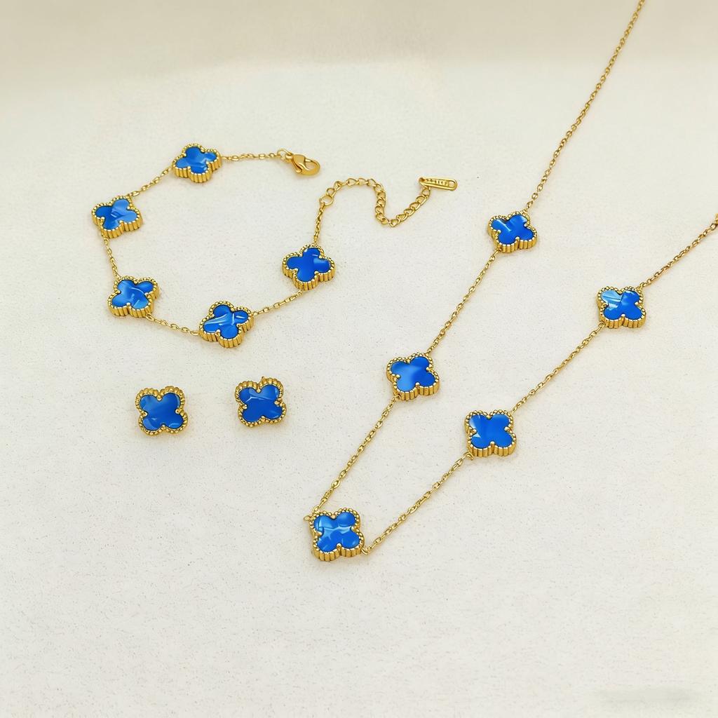 3PCS Double-sided Fritillary Titanium Steel Four-leaf Clover Five-flower Bracelet, Five-flower Necklace & Earring Set Gift